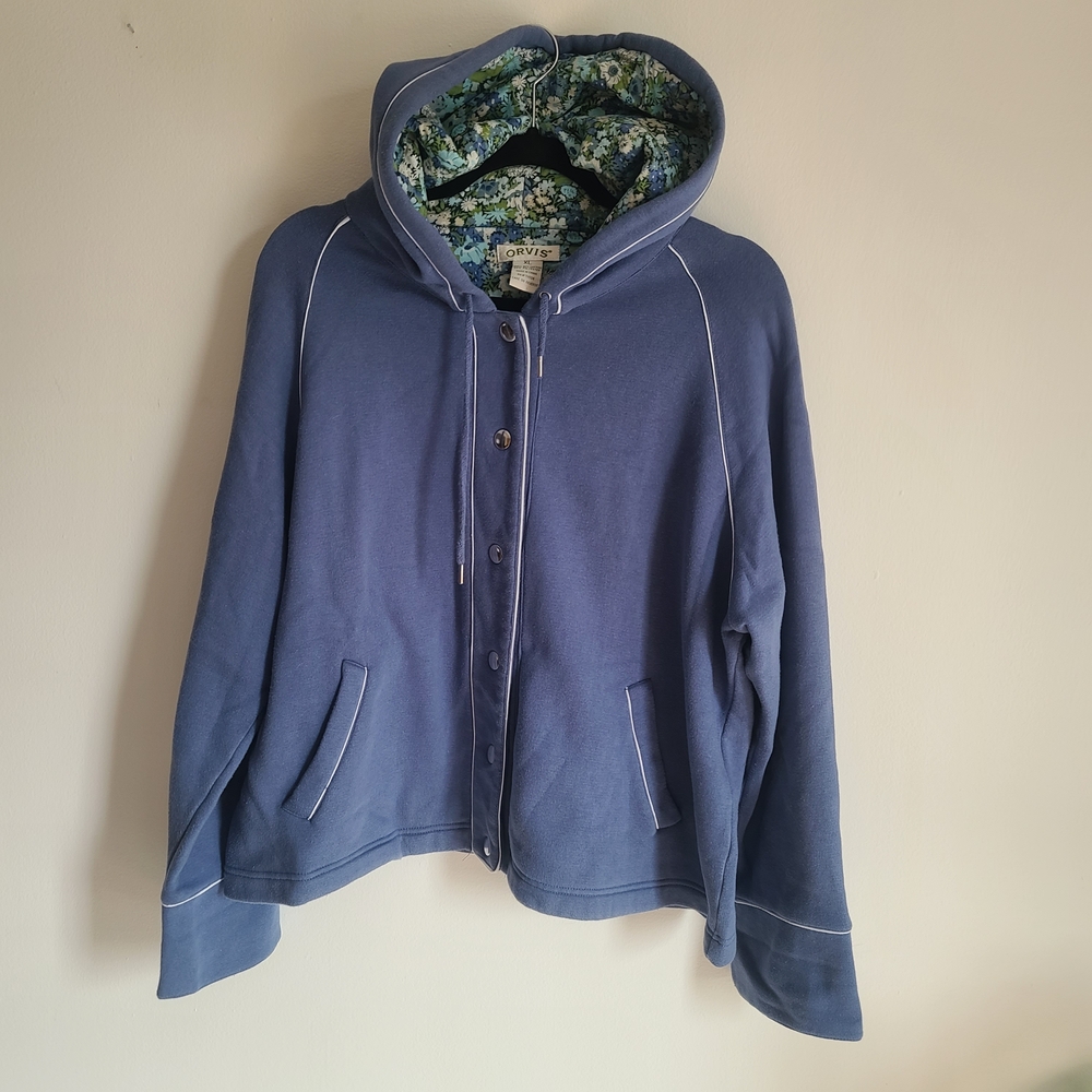 Orvis Blue Button Up Hoodie with Floral Lining